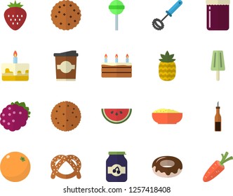 Color flat icon set whisk flat vector, sauce, biscuit, bagel, watermelon, cake, donut, porridge, lollipop, ice cream, coffe, jam, Strawberry, blackberry, pineapple, orange, carrot