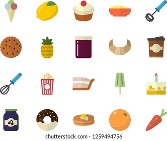 Color flat icon set whisk flat vector, lemon, pancakes, croissant, cupcake, piece of cake, donut, porridge, popcorn, ice cream, coffe, jam, pineapple, orange, biscuit, carrot