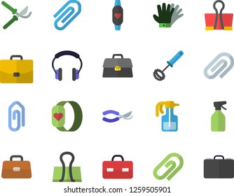 Color flat icon set whisk flat vector, pulverizer, secateurs, gloves, case, briefcase, clip, fitness bracelet, binder, headset