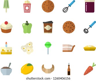 Color flat icon set whisk flat vector, sauce, lemon, biscuit, croissant, cupcake, piece of cake, porridge, pie, lollipop, bell pepper, popcorn, ice cream, coffe, jam, carrot
