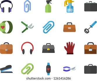 Color flat icon set whisk flat vector, pulverizer, secateurs, gloves, case, briefcase, clip, stapler, fitness bracelet, headset