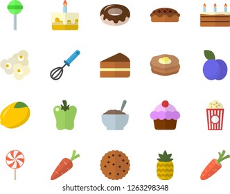 Color flat icon set whisk flat vector, lemon, cake, piece of, donut, porridge, pie, lollipop, bell pepper, popcorn, pineapple, plum, pancakes, biscuit, carrot
