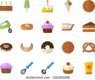 Color flat icon set whisk flat vector, mixer, biscuit, pancakes, bagel, croissant, cake, cupcake, piece of, donut, ice cream, sun protection fector