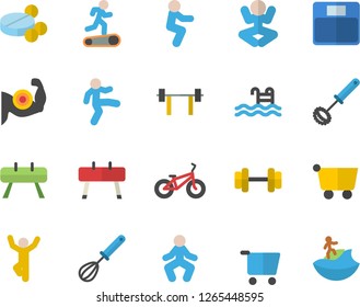 Color flat icon set whisk flat vector, grocery trolley, pills, dumbbell, barbell, weighing machine, muscles, bicycle, sports equipment horse, yoga, Treadmill, gymnastics, squats, pool