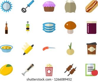 Color flat icon set whisk flat vector, rolling pin, gas, blender, flour, plates, sauce, lemon, hot dog, mushroom, cupcake, soup, shashlik, onion, popcorn, coffe, jam, canape, knife, diet