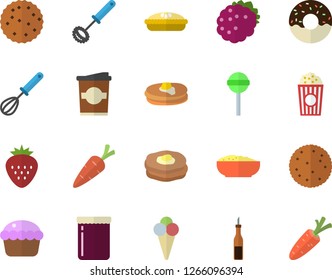 Color flat icon set whisk flat vector, sauce, biscuit, pancakes, cupcake, donut, porridge, pie, lollipop, popcorn, ice cream, coffe, jam, Strawberry, blackberry, carrot