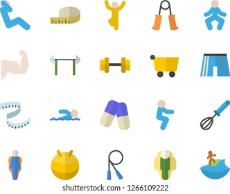 Color flat icon set whisk flat vector, grocery trolley, pills, dumbbell, barbell, centimeter, muscles, skipping rope, carpal expander, athletic shorts, fitball, swimming, gymnastics, squats, size