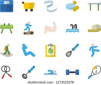 Color flat icon set whisk flat vector, grocery trolley, pills, dumbbell, barbell, diet, weighing machine, centimeter, muscles, skipping rope, sports equipment horse, Treadmill, swimming, gymnastics