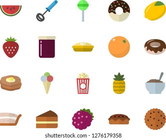 Color flat icon set whisk flat vector, lemon, watermelon, piece of cake, donut, porridge, pie, lollipop, popcorn, ice cream, jam, Strawberry, blackberry, pineapple, orange, pancakes, biscuit