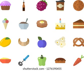 Color flat icon set whisk flat vector, sauce, lemon, biscuit, bagel, croissant, cupcake, piece of cake, porridge, pie, bell pepper, popcorn, ice cream, coffe, blackberry, plum, pancakes, carrot