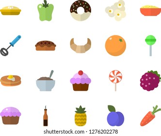 Color flat icon set whisk flat vector, sauce, pancakes, croissant, cake, cupcake, donut, porridge, pie, lollipop, bell pepper, popcorn, blackberry, pineapple, plum, orange, carrot