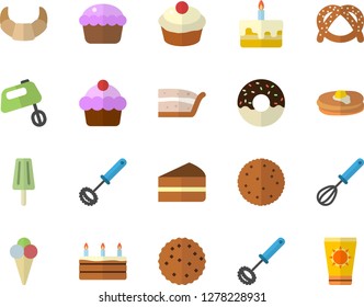 Color flat icon set whisk flat vector, mixer, biscuit, pancakes, bagel, croissant, cake, cupcake, piece of, donut, ice cream, sun protection fector