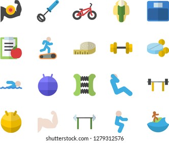 Color flat icon set whisk flat vector, pills, dumbbell, barbell, diet, weighing machine, centimeter, muscles, bicycle, carpal expander, fitball, Treadmill, swimming, squats, swing press, lose weight