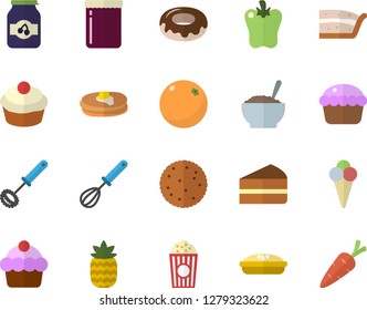 Color flat icon set whisk flat vector, biscuit, pancakes, cake, cupcake, piece of, donut, porridge, pie, bell pepper, popcorn, ice cream, jam, pineapple, orange, carrot