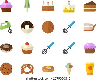 Color flat icon set whisk flat vector, mixer, biscuit, pancakes, bagel, cake, cupcake, piece of, donut, ice cream, sun protection fector