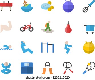 Color flat icon set whisk flat vector, grocery trolley, pills, weighing machine, muscles, bicycle, skipping rope, carpal expander, parallel bars, sports equipment horse, pear, fitball, yoga, squats