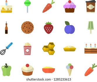 Color flat icon set whisk flat vector, sauce, cake, cupcake, porridge, pie, lollipop, bell pepper, popcorn, ice cream, coffe, Strawberry, plum, honeycomb, biscuit, carrot