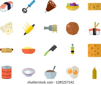 Color flat icon set whisk flat vector, knives, rolling pin, cheese, canned food, spaghetti on a fork, hot dog, dish, salad, porridge, ham, cutlet, sashimi, popcorn, scrambled eggs, canape, mustard