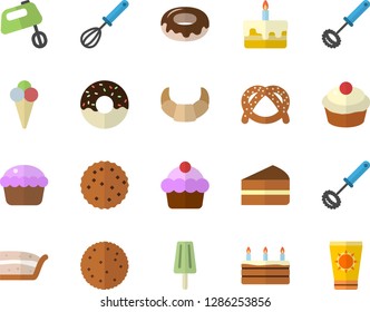 Color flat icon set whisk flat vector, mixer, biscuit, bagel, croissant, cake, cupcake, piece of, donut, ice cream, sun protection fector