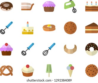 Color flat icon set whisk flat vector, mixer, biscuit, pancakes, bagel, croissant, cake, cupcake, piece of, donut, ice cream