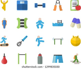Color flat icon set whisk flat vector, pills, dumbbell, barbell, diet, weighing machine, carpal expander, parallel bars, sports pear, athletic shorts, fitball, Treadmill, gymnastics, pool, size