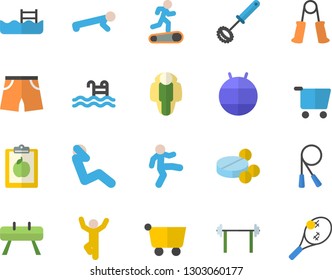 Color flat icon set whisk flat vector, grocery trolley, pills, barbell, diet, skipping rope, carpal expander, sports equipment horse, athletic shorts, Treadmill, gymnastics, push up, pool