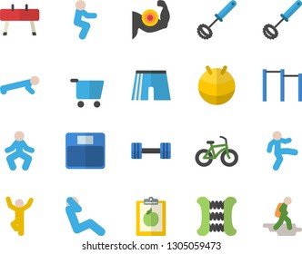 Color flat icon set whisk flat vector, grocery trolley, dumbbell, diet, weighing machine, muscles, bicycle, carpal expander, parallel bars, sports equipment horse, athletic shorts, fitball, squats