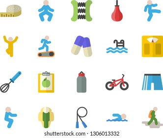 Color flat icon set whisk flat vector, pills, diet, weighing machine, centimeter, bicycle, skipping rope, carpal expander, sports pear, athletic shorts, Treadmill, swimming, gymnastics, squats, pool