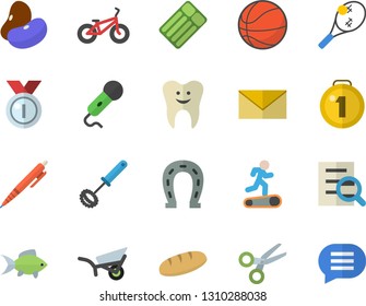 Color flat icon set whisk flat vector, legumes, bread, fish, horseshoe, garden wheelbarrow, tooth, magnifier, pen, medal, basketball, bicycle, Treadmill, tennis fector, inflatable mattress, scissors