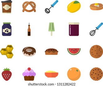 Color flat icon set whisk flat vector, sauce, lemon, biscuit, pancakes, bagel, cake, watermelon, donut, porridge, pie, ice cream, coffe, jam, Strawberry, honeycomb, orange