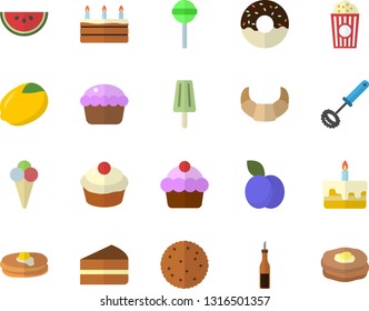 Color flat icon set whisk flat vector, sauce, lemon, biscuit, pancakes, croissant, cake, watermelon, cupcake, piece of, donut, lollipop, popcorn, ice cream, plum