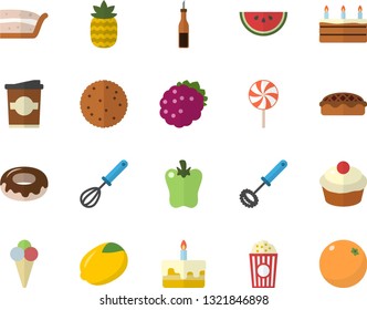 Color flat icon set whisk flat vector, sauce, lemon, biscuit, watermelon, cupcake, piece of cake, donut, pie, lollipop, bell pepper, popcorn, ice cream, coffe, blackberry, pineapple, orange