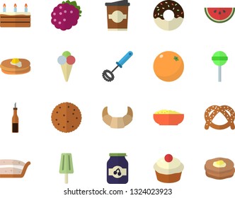 Color flat icon set whisk flat vector, sauce, biscuit, pancakes, bagel, croissant, watermelon, cupcake, piece of cake, donut, porridge, lollipop, ice cream, coffe, jam, blackberry, orange