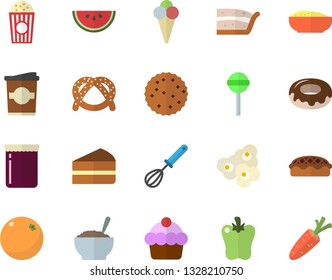 Color flat icon set whisk flat vector, bagel, cake, watermelon, piece of, donut, porridge, pie, lollipop, bell pepper, popcorn, ice cream, coffe, jam, orange, biscuit, carrot