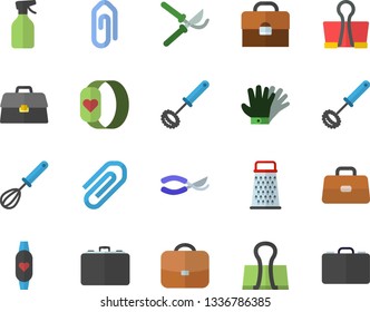 Color flat icon set whisk flat vector, grater, pulverizer, secateurs, gloves, case, briefcase, clip, fitness bracelet, binder