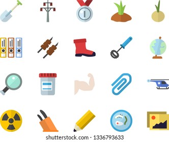 Color flat icon set whisk flat vector, knives, shashlik, onion, shovel, planting plants, gumboots, power line support, radiation, vial, helicopter, clip, pencil, globe, magnifier, folders for papers