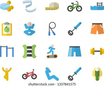 Color flat icon set whisk flat vector, pills, dumbbell, diet, centimeter, bicycle, skipping rope, carpal expander, parallel bars, athletic shorts, yoga, Treadmill, swing press, gymnastics, pool