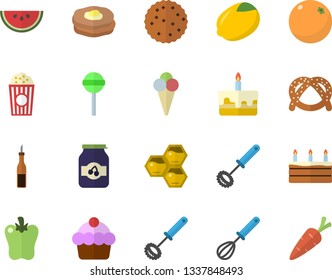Color flat icon set whisk flat vector, sauce, lemon, bagel, cake, watermelon, lollipop, bell pepper, popcorn, ice cream, jam, honeycomb, orange, pancakes, biscuit, carrot