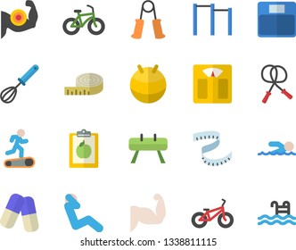 Color flat icon set whisk flat vector, pills, diet, weighing machine, centimeter, muscles, bicycle, skipping rope, carpal expander, parallel bars, sports equipment horse, fitball, Treadmill, pool