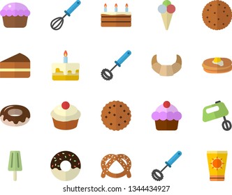 Color flat icon set whisk flat vector, mixer, biscuit, pancakes, bagel, croissant, cake, cupcake, piece of, donut, ice cream, sun protection fector