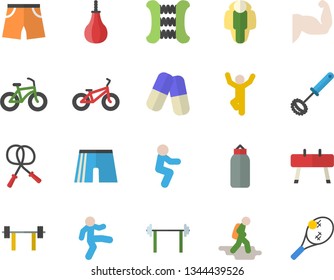 Color flat icon set whisk flat vector, pills, barbell, muscles, bicycle, skipping rope, carpal expander, sports equipment horse, pear, athletic shorts, gymnastics, squats, lose weight, hike fector