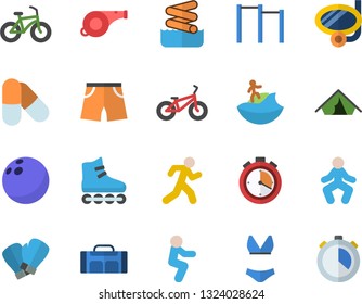 Color flat icon set whistle flat vector, bowling ball, bicycle, stopwatch, parallel bars, athletic shorts, boxing gloves, swimsuit, roller Skates, pills, gymnastics, squats, run, sport bag, surfing