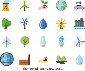 Color flat icon set windmill flat vector, tree, seedlings, forest, hydroelectric power station, manufactory, electric cars, earth, energy saving lamp fector, nuclear plant, drop
