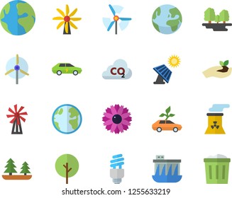 Color flat icon set windmill flat vector, tree, flower, seedlings, solar battery, earth, forest, hydroelectric power station, eco cars, electric, carbon dioxide, energy saving lamp fector, trash can