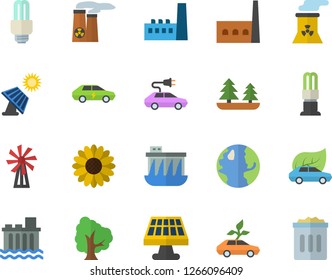 Color flat icon set windmill flat vector, tree, flower, solar battery, earth, forest, hydroelectric power station, manufactory, energy saving lamp, eco cars, electric, fector, nuclear plant