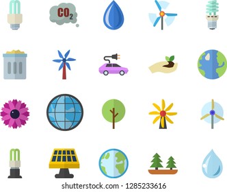 Color flat icon set windmill flat vector, tree, flower, seedlings, solar battery, earth, forest, energy saving lamp, electric cars, carbon dioxide, fector, trash can, drop
