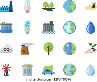 Color flat icon set windmill flat vector, tree, seedlings, earth, forest, hydroelectric power station, manufactory, eco cars, carbon dioxide, energy saving lamp fector, nuclear plant, trash can