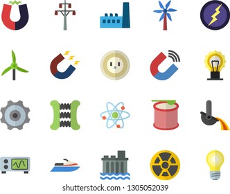 Color flat icon set windmill flat vector, socket, power line support, hydroelectric station, manufactory, radiation, magnet, metallurgy, atom, oscilloscope, lightning, cogwheel, carpal expander