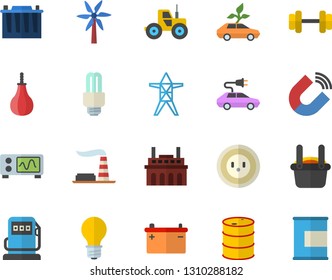 Color flat icon set windmill flat vector, tractor, refueling, factory, oil tanks, accumulator, lamp, socket, power line support, plant, eco cars, electric, magnet, metallurgy, energy saving fector