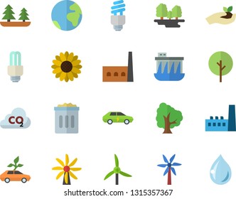 Color flat icon set windmill flat vector, tree, flower, seedlings, forest, hydroelectric power station, manufactory, eco cars, electric, carbon dioxide, energy saving lamp fector, earth, trash can